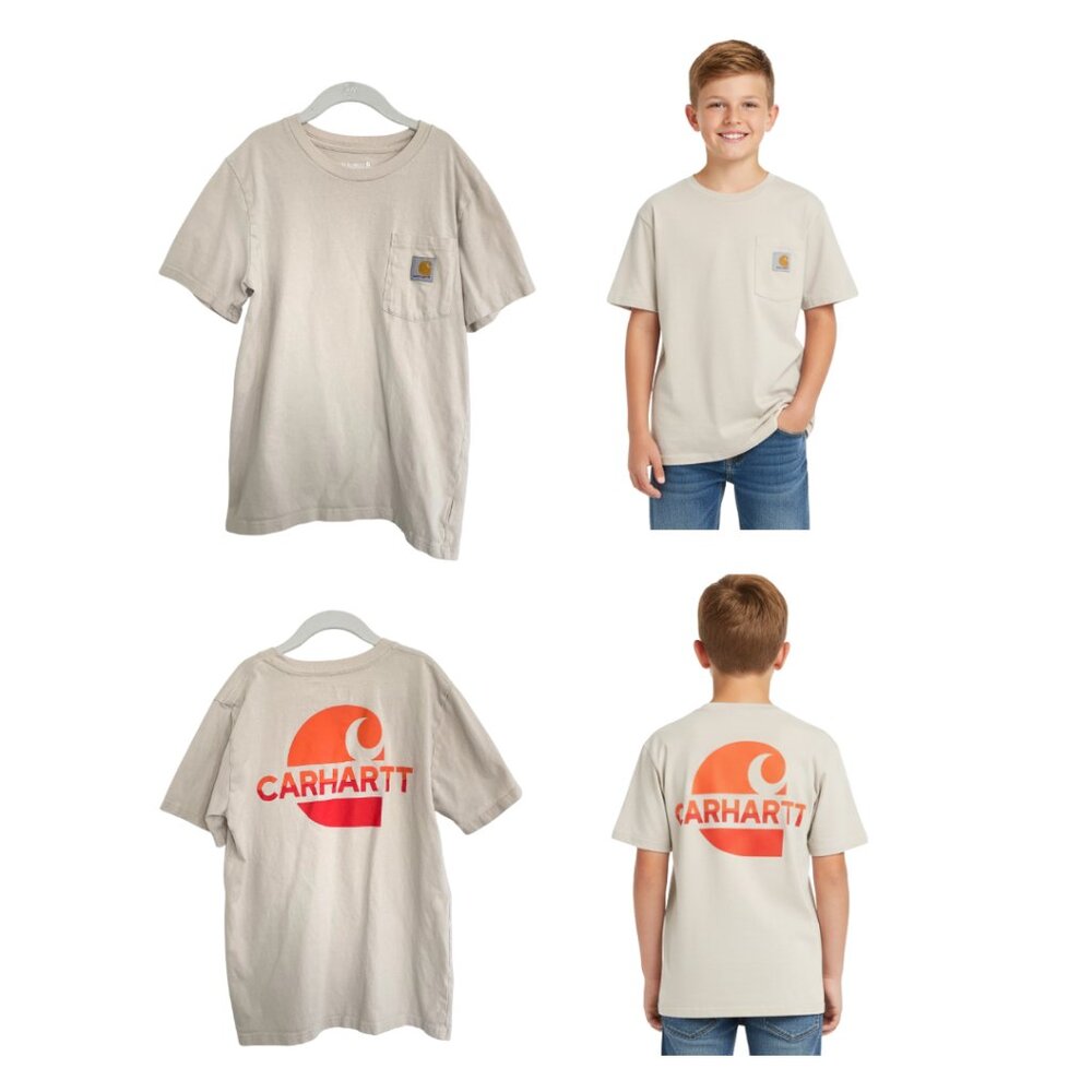 Carhartt T-Shirt Youth Boys Medium 10-12 Beige Tan Orange Pocket Cotton TK6367-B